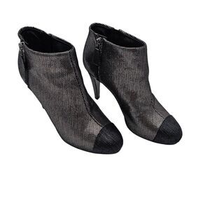 Chanel CC Cap Toe Ankle Heel Boot Size 37 US 6 6.5 Silver Metallic Leather Zip